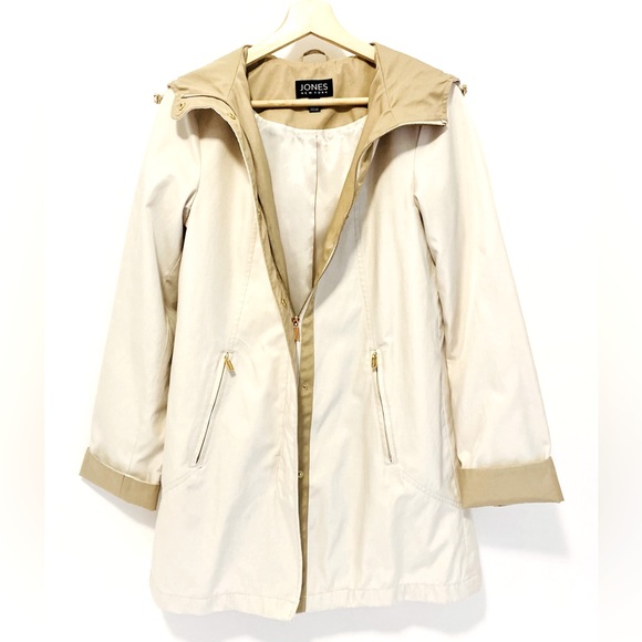 *Host Pick* Jones NY Trenchcoat Hood Raincoat Jacket Gold Zipper A-line Parka - Picture 2 of 14